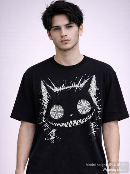 Creepy cheshire cat tshirt with trippy spiral eyes. White ink on a black shirt, unisex.