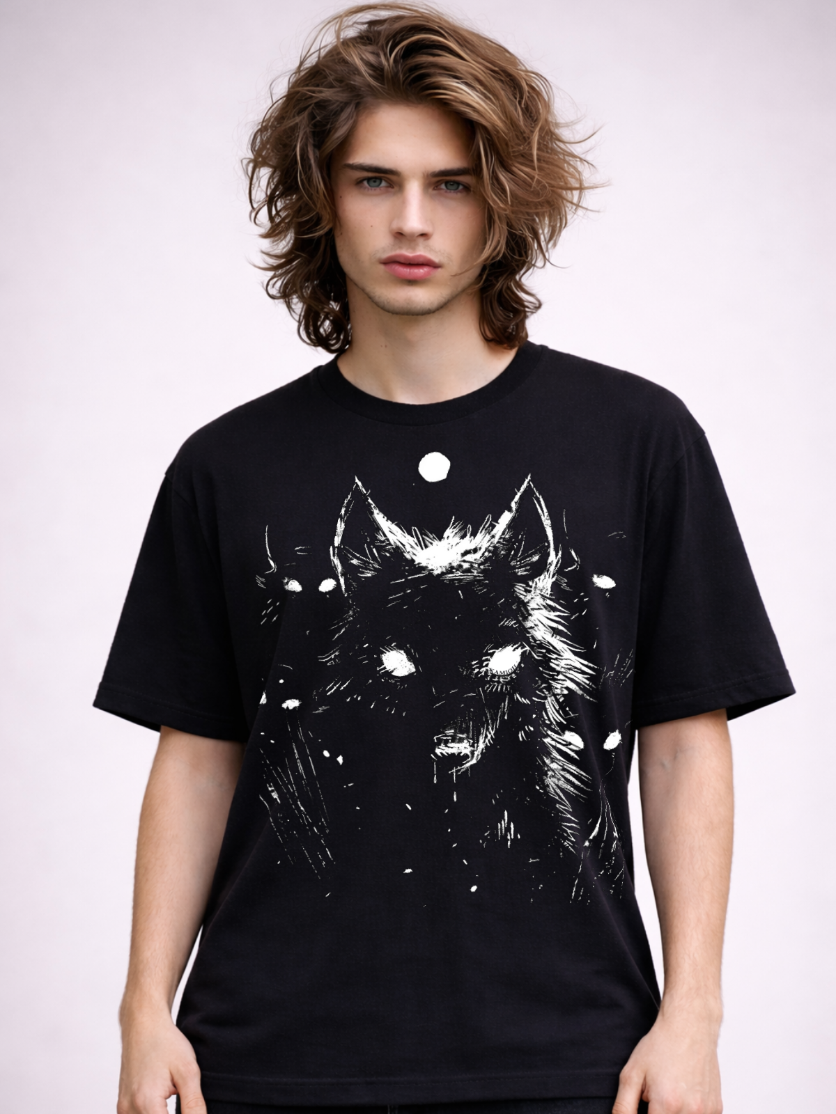 Unisex black wolf graphic t shirt with a scratchy, monochrome wolf face design and moon detail. The artwork appears minimal and high contrast, printed on the front of a black tee worn by a model in a studio setting.