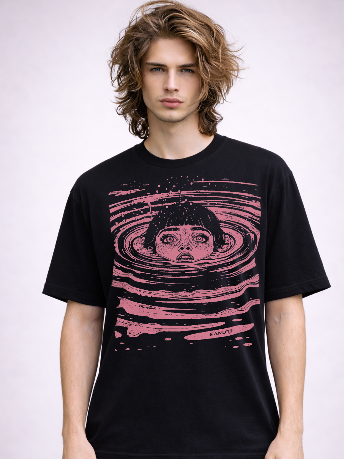 Graphic t shirt showing a horror anime, inspired by Junji Ito. Illustration of a girl sinking beneath the surface.