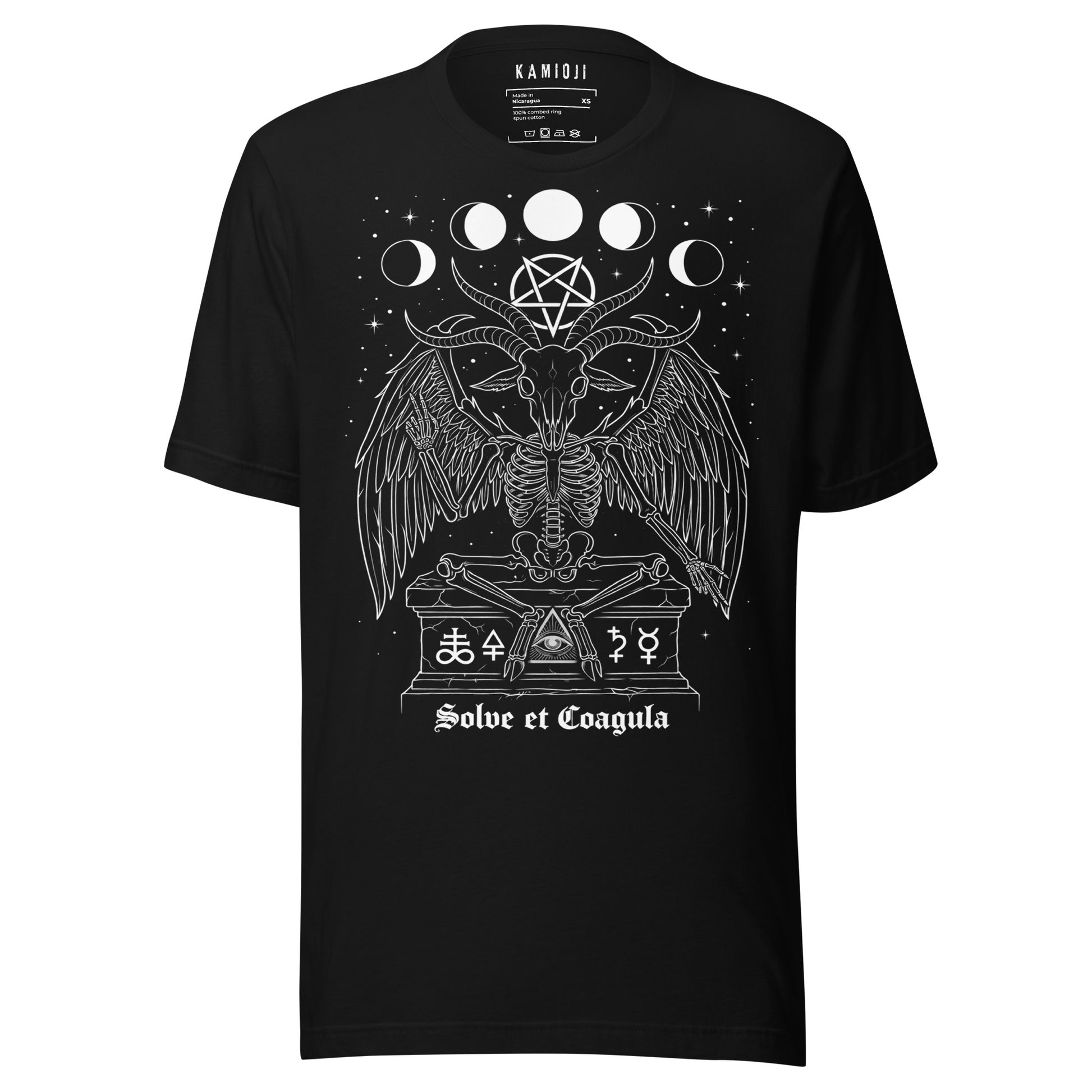 Occult Baphomet t shirt featuring winged goat figure with pentagram and moon phases.