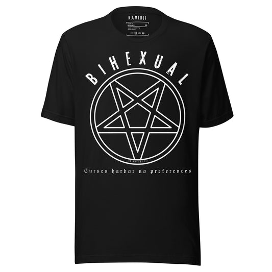 T shirt featuring the word Bihexual above a pentagram style sigil in a clean occult graphic layout.