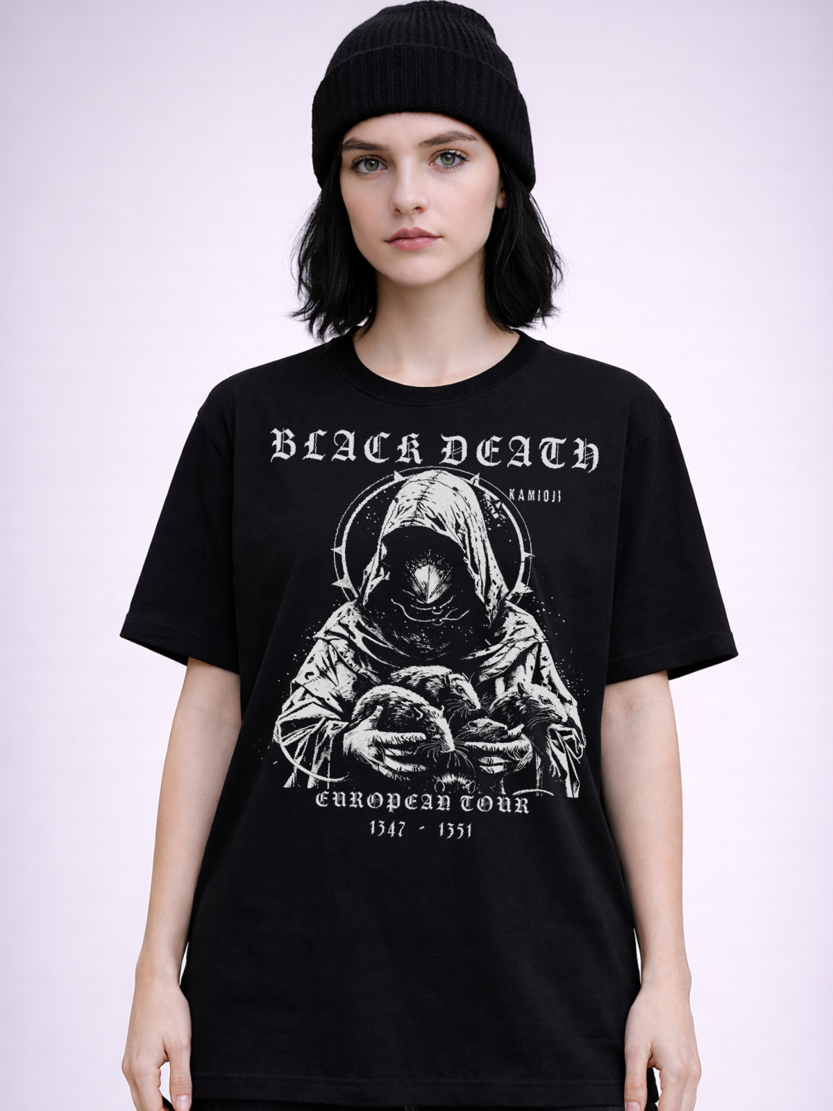 Plague graphic tee showing a plague doctor holding rats, and Black Death text in a medieval style layout.