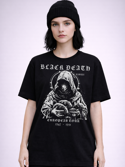 Plague graphic tee showing a plague doctor holding rats, and Black Death text in a medieval style layout.