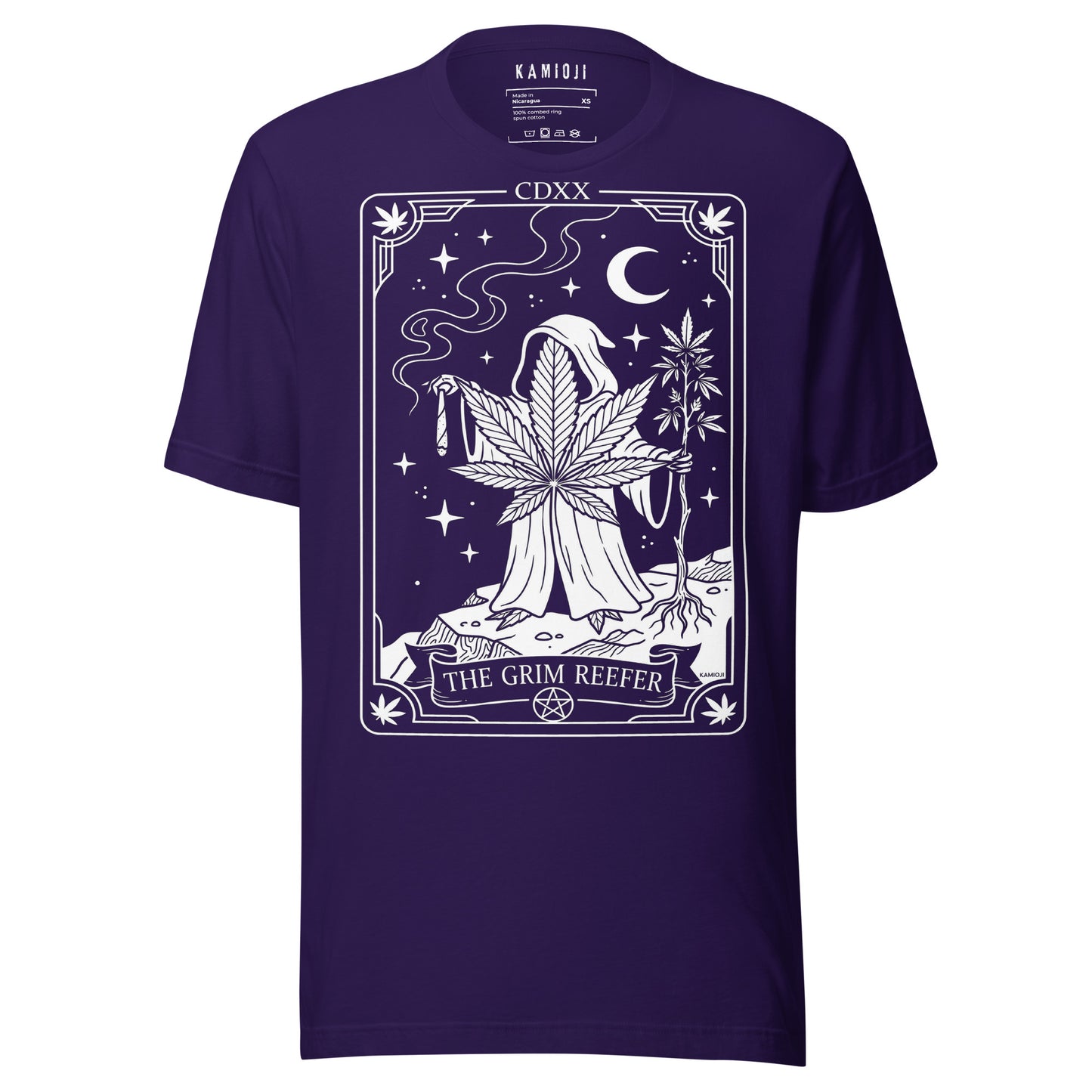 dark humor weed shirt showing hooded figure and large cannabis leaf front print