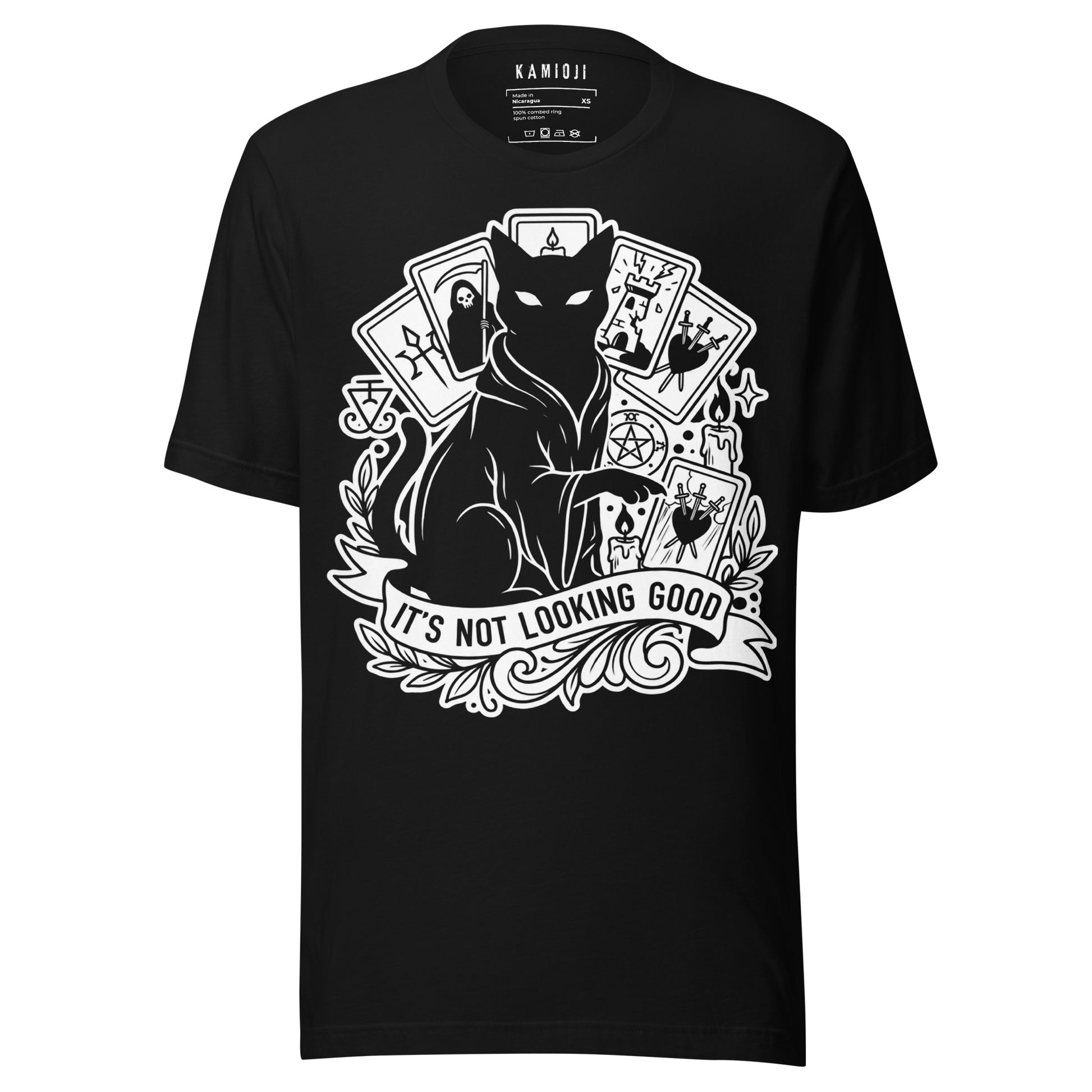 Black cat tarot t shirt featuring a cat illustration surrounded by tarot cards and occult symbols.