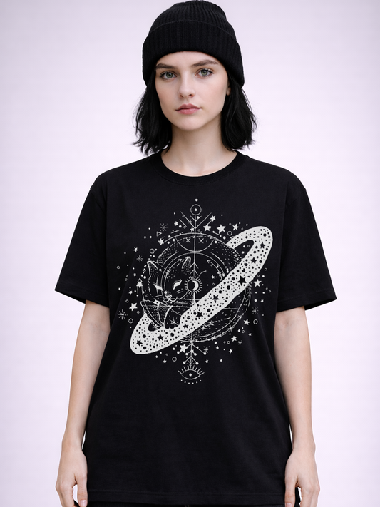 Gothic black tee with cosmic cat illustration resting on Saturn-like planet in detailed white linework