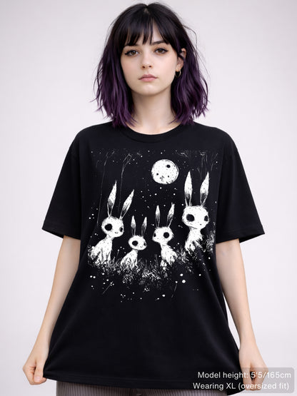 Alternative T-shirt with haunting rabbit silhouettes beneath glowing moon