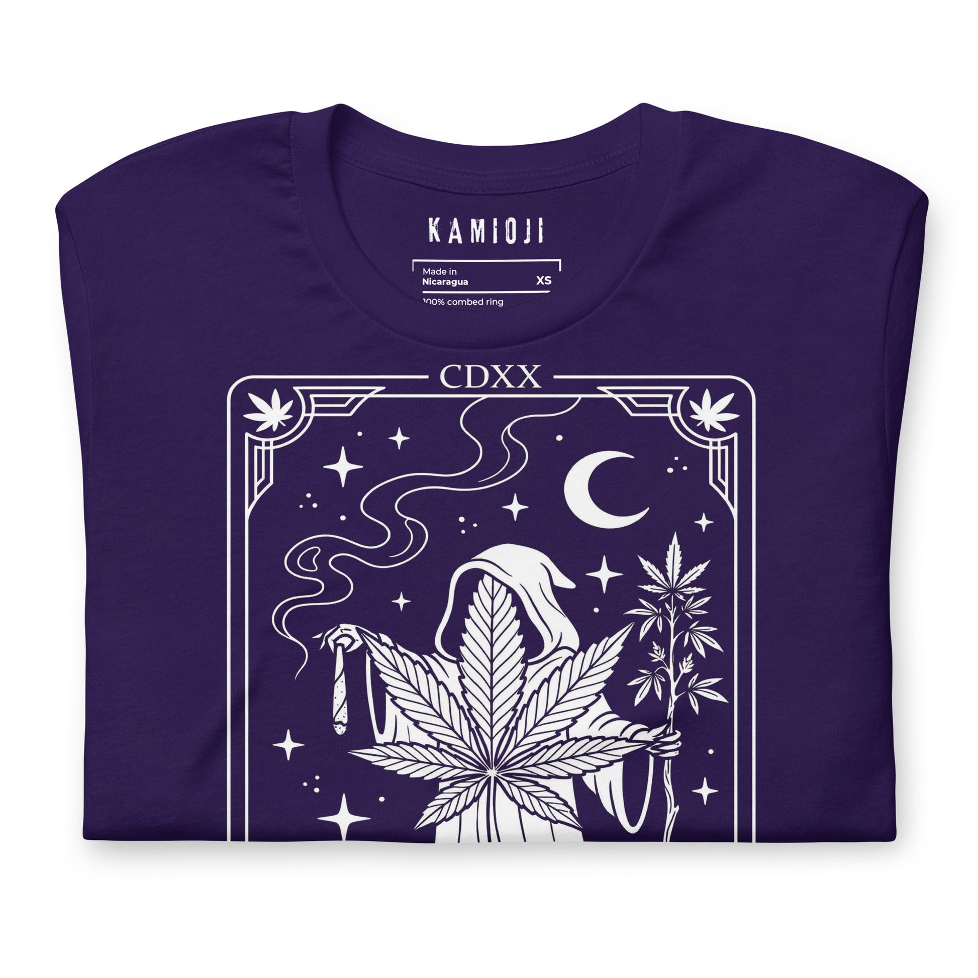 occult stoner t shirt with grim reaper holding weed plant and ritual style frame. PURPLE.
