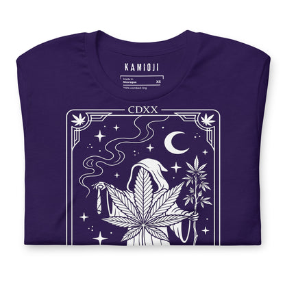 occult stoner t shirt with grim reaper holding weed plant and ritual style frame. PURPLE.
