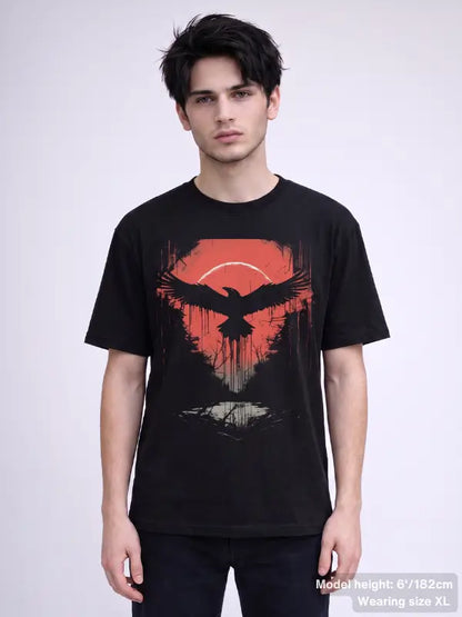 Black gothic tee showcasing a crow in flight over a crimson sky and eerie mirrored water reflection