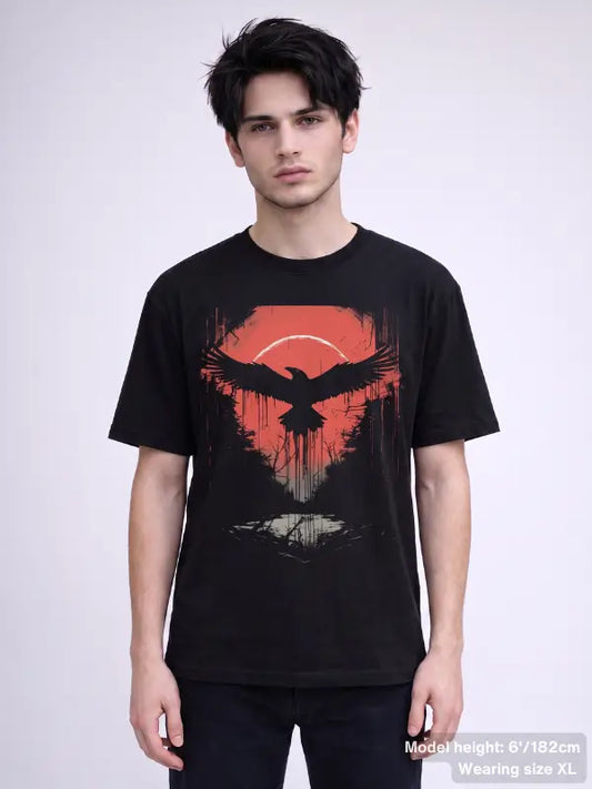 Black gothic tee showcasing a crow in flight over a crimson sky and eerie mirrored water reflection