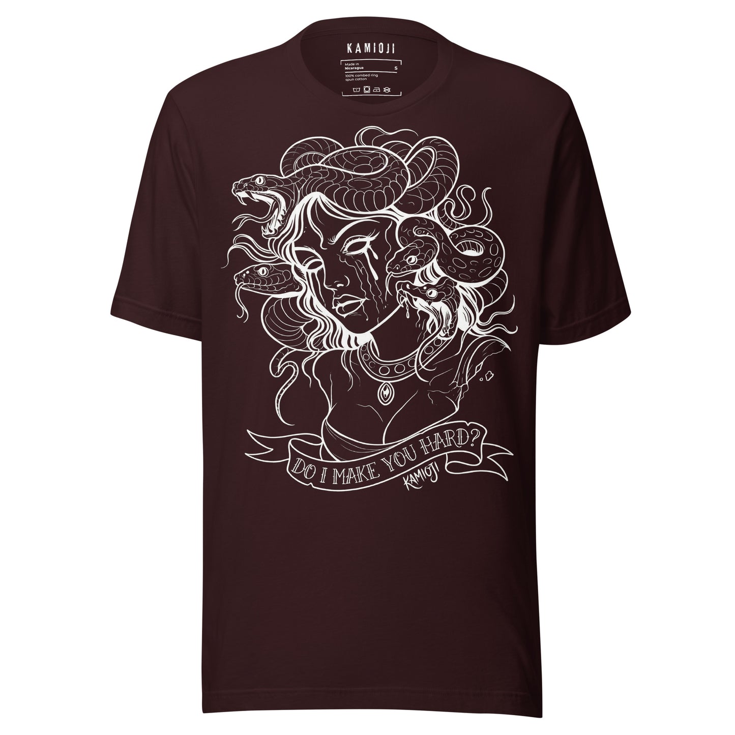Greek mythology inspired t shirt showing Medusa with detailed snake hair illustration.