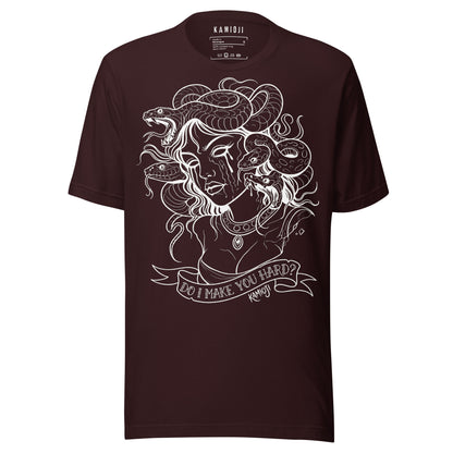 Greek mythology inspired t shirt showing Medusa with detailed snake hair illustration.