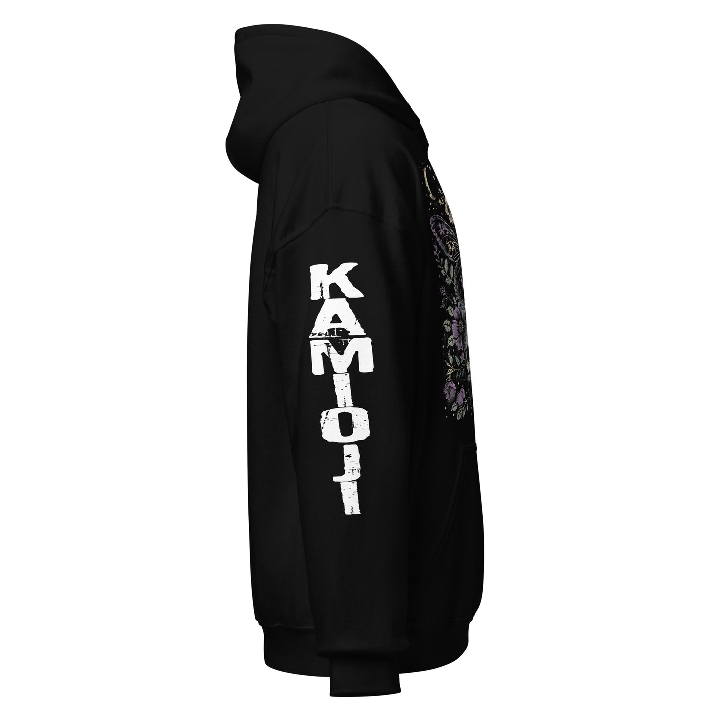 Unisex graphic hoodie with a detailed moth and skull design inspired by gothic and occult imagery. KAMIOJI logo. | Colour: Black