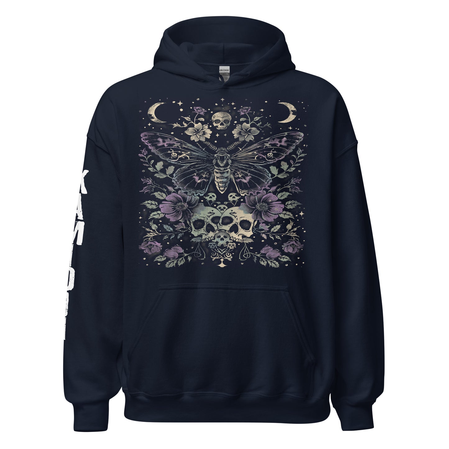 Front view of a hoodie displaying a moth illustration with floral and lunar elements. | Colour: Navy