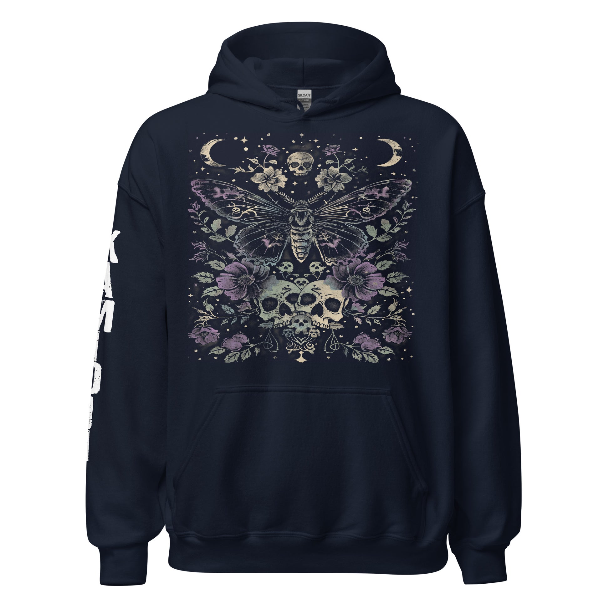 Front view of a hoodie displaying a moth illustration with floral and lunar elements. | Colour: Navy