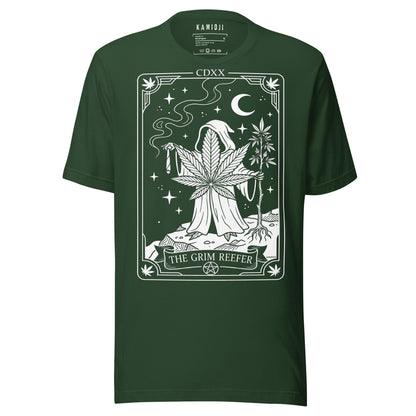 alternative streetwear weed tee with skeleton reaper and marijuana leaf artwork. FOREST GREEN.