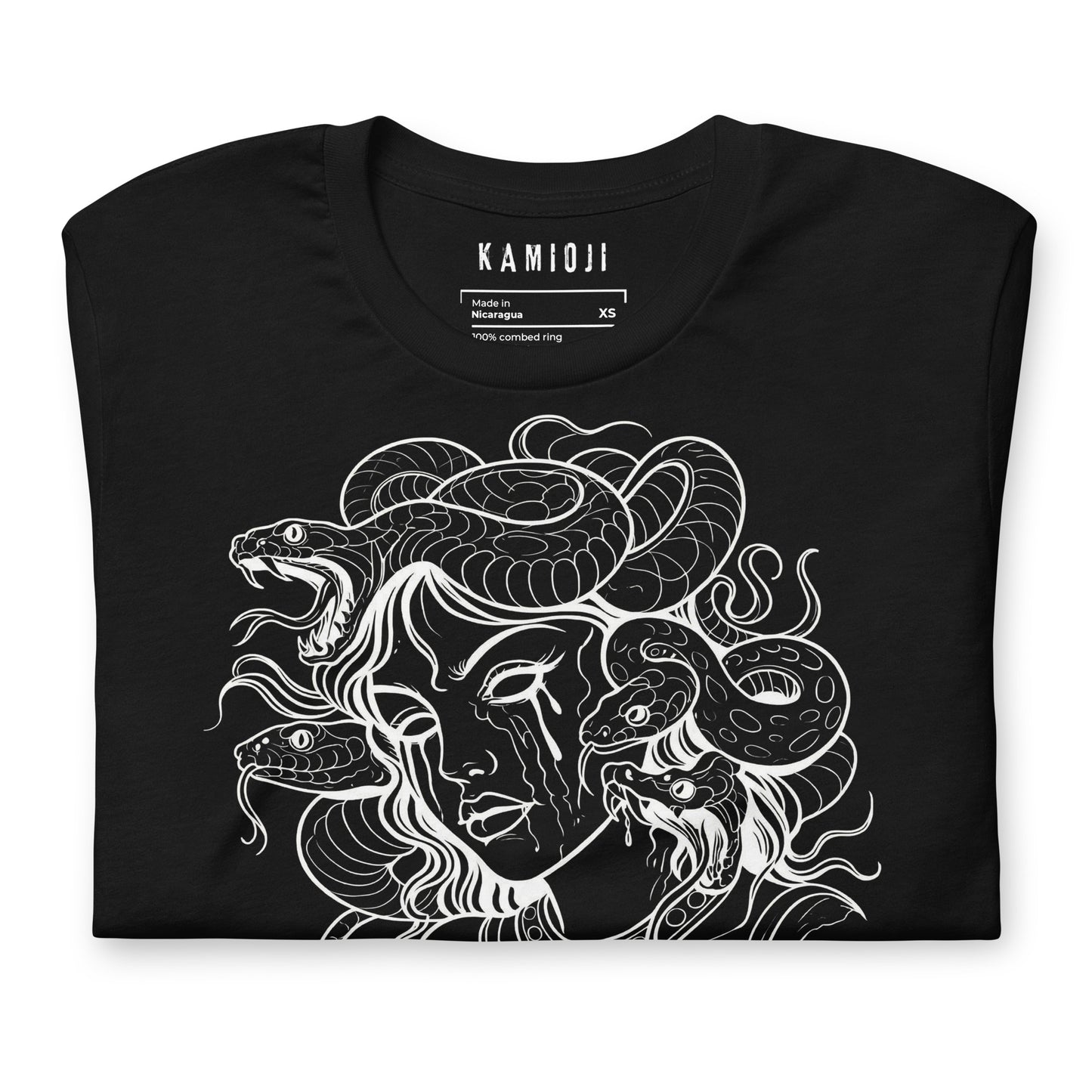 Unisex t shirt featuring a Medusa design with snakes and gothic style lettering.