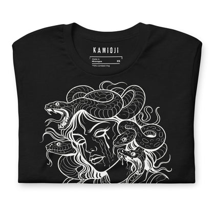 Unisex t shirt featuring a Medusa design with snakes and gothic style lettering.