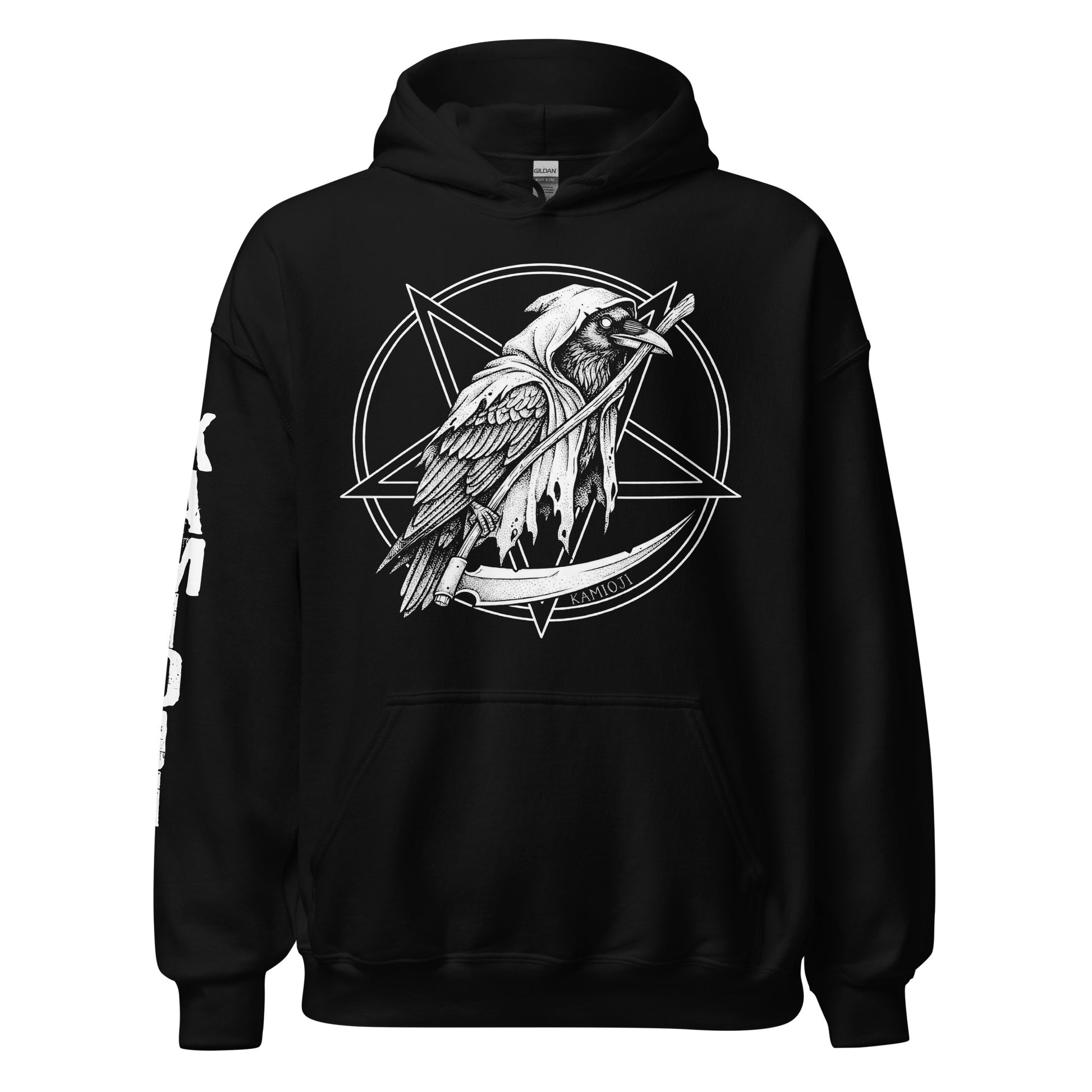 Alternative pullover hoodie showing a detailed reaper crow graphic on the front.