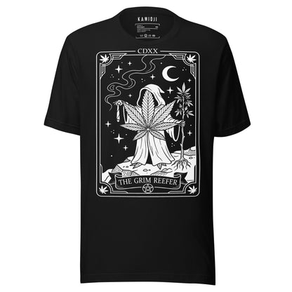 grim reefer shirt with hooded reaper holding cannabis plant and large weed leaf graphic. BLACK.