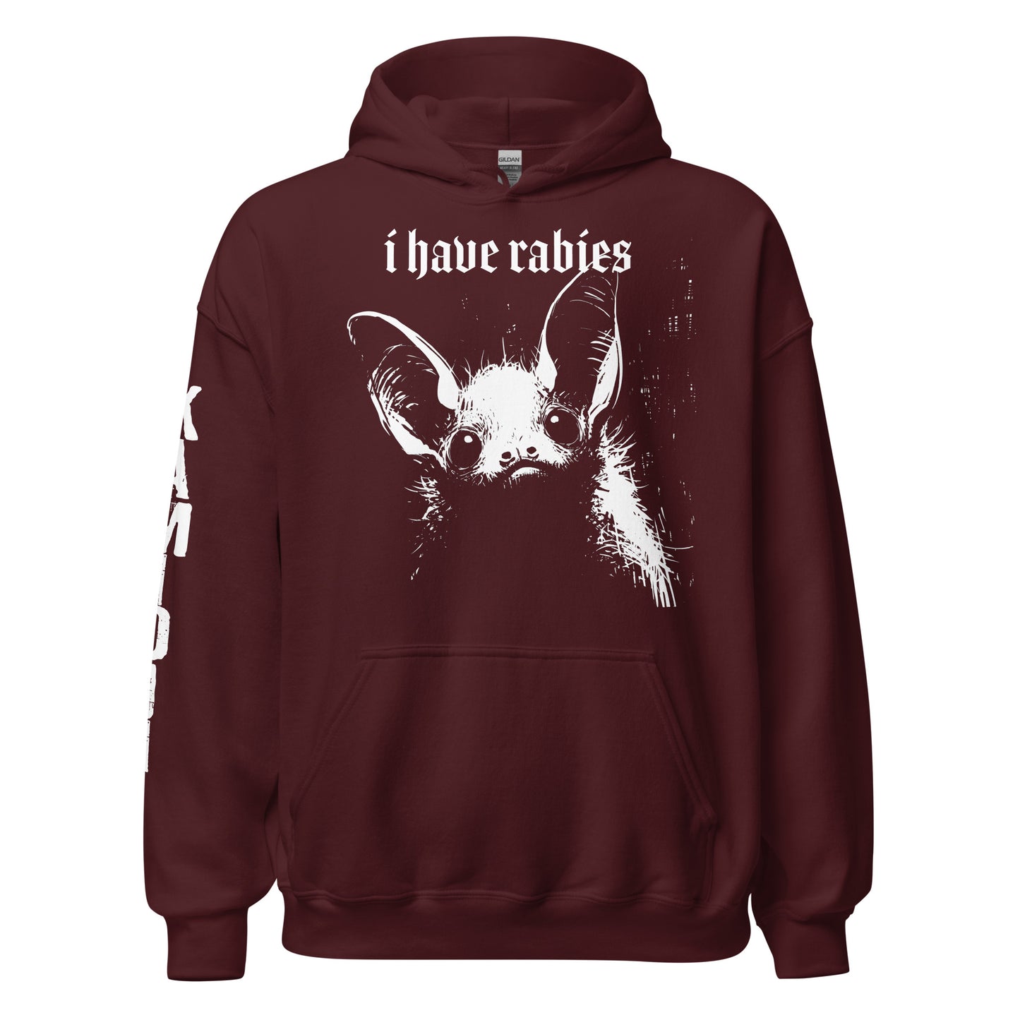 Gothic Streetwear hoodie with "I have rabies" text, maroon pullover hoodie.