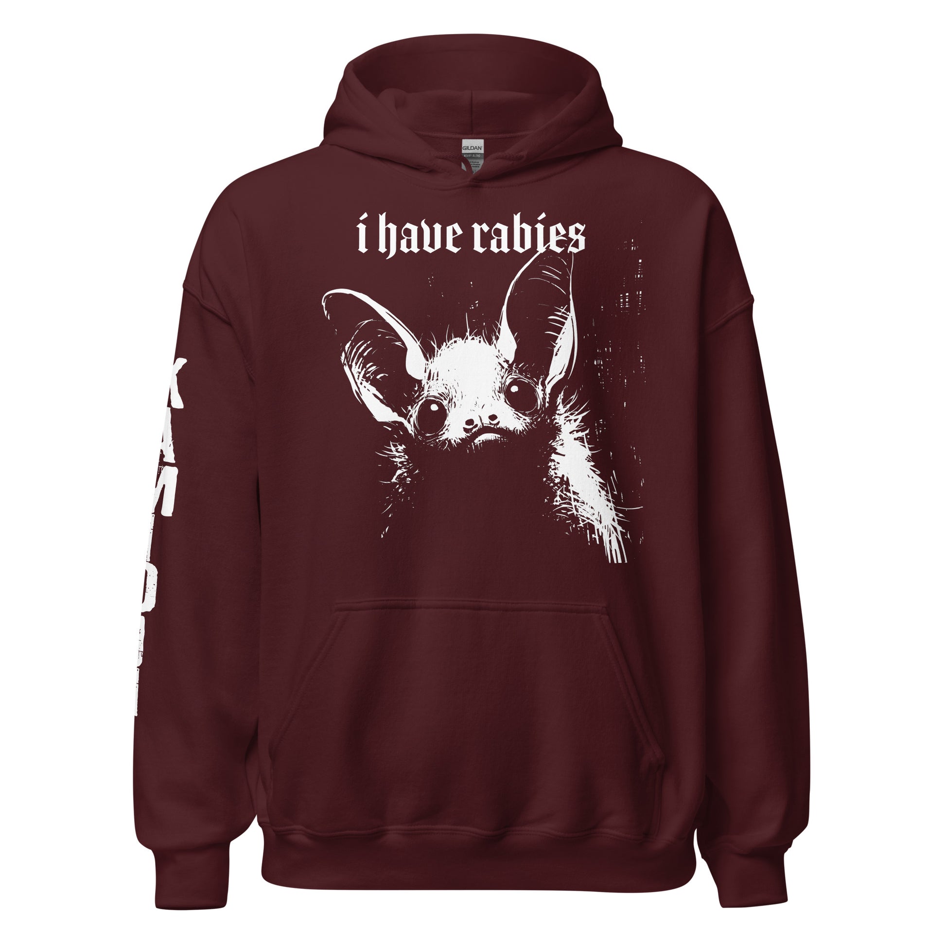 Gothic Streetwear hoodie with "I have rabies" text, maroon pullover hoodie. | Colour: Maroon