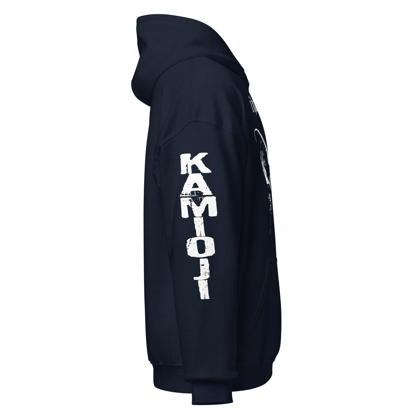 KAMIOJI right arm logo, navy hoodie.
