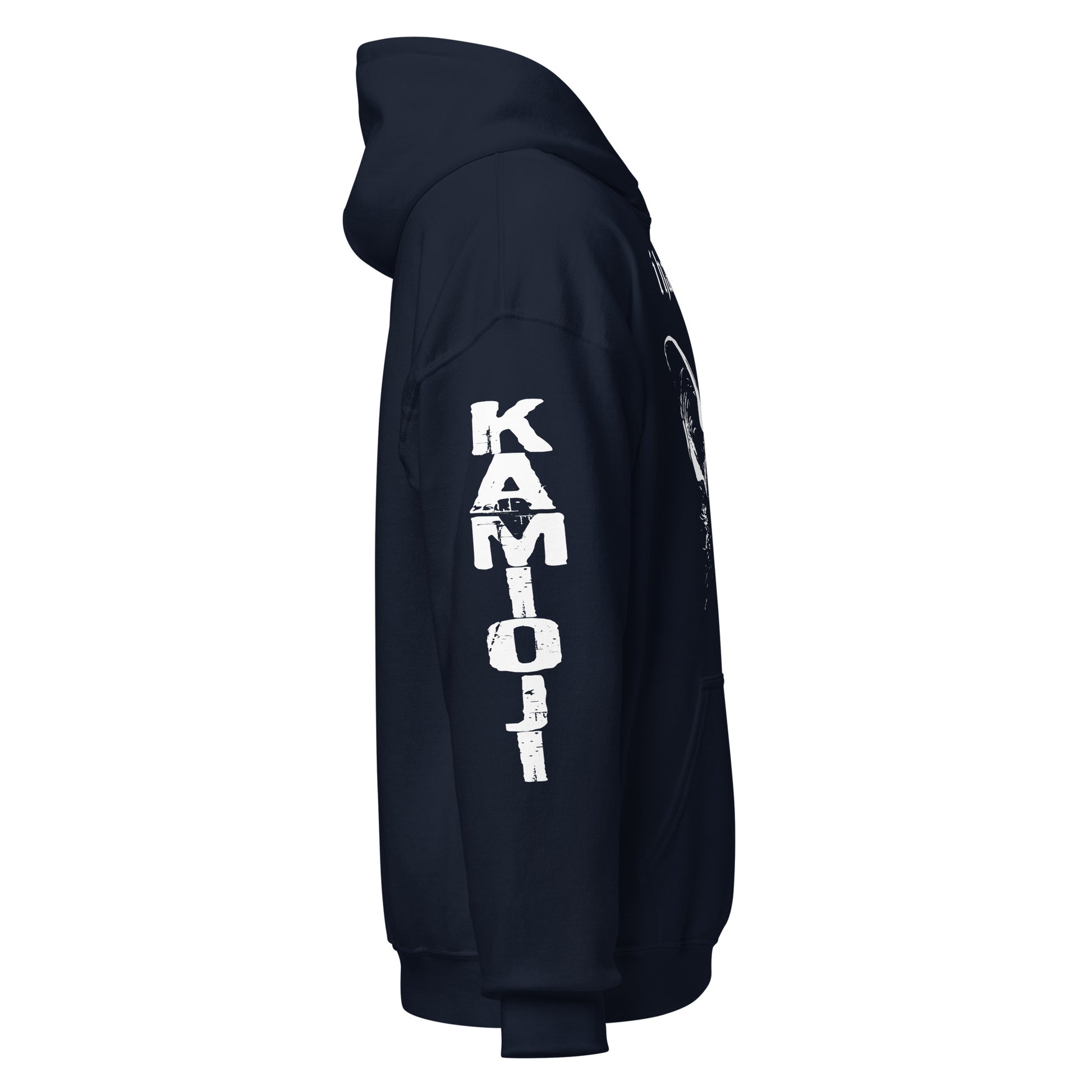 KAMIOJI right arm logo, navy hoodie.