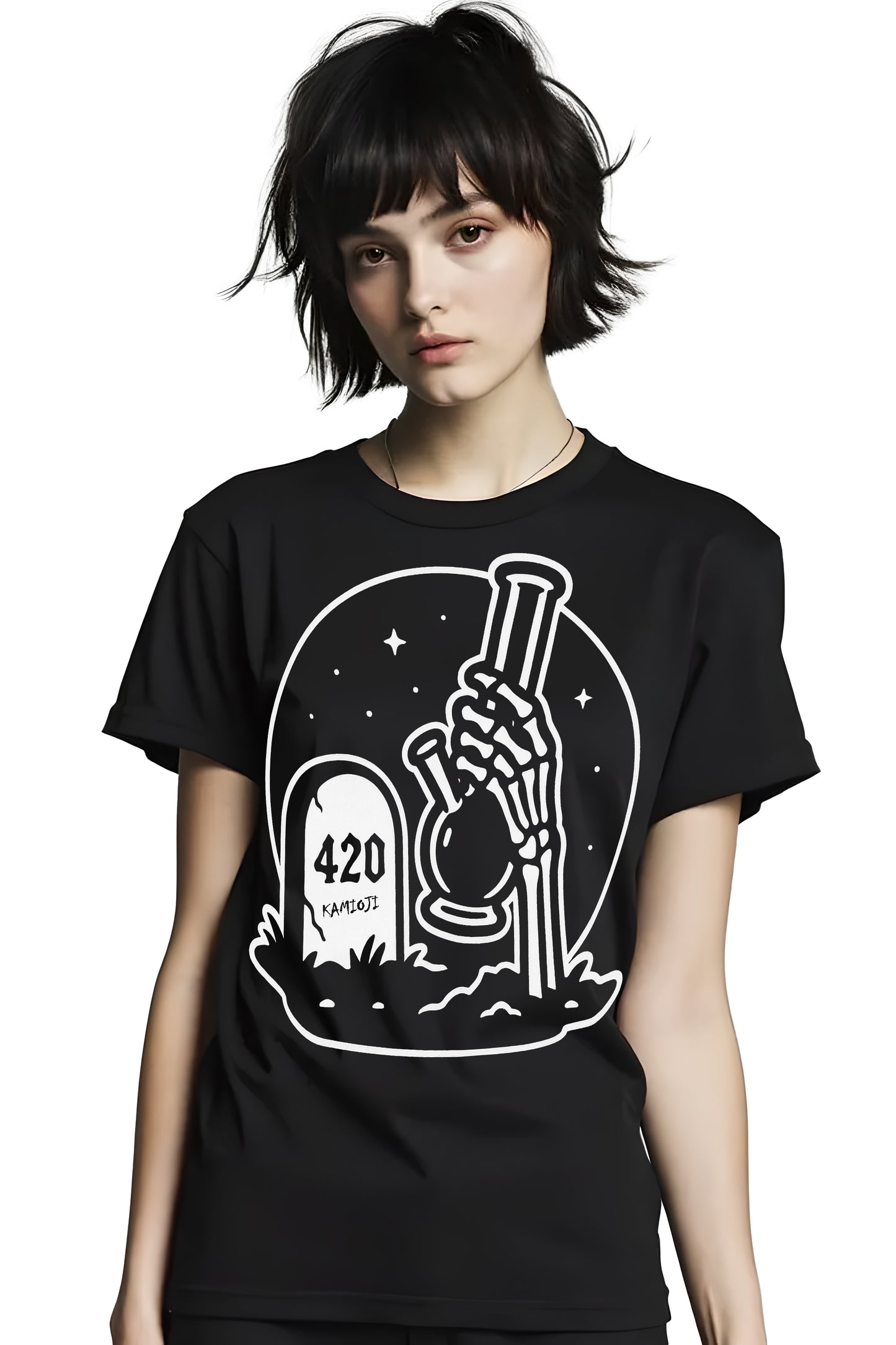 Gothic black tee with skeletal hand clutching a bong emerging from the ground with 420 headstone artwork
