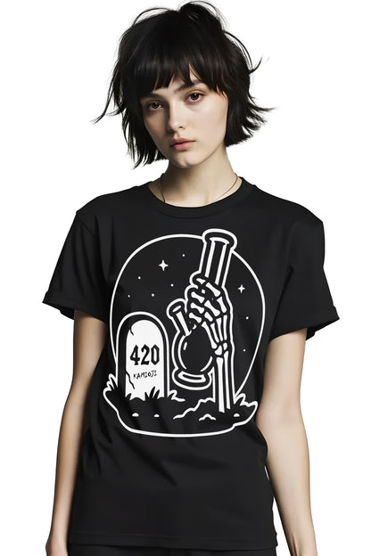 Gothic black tee with skeletal hand clutching a bong emerging from the ground with 420 headstone artwork