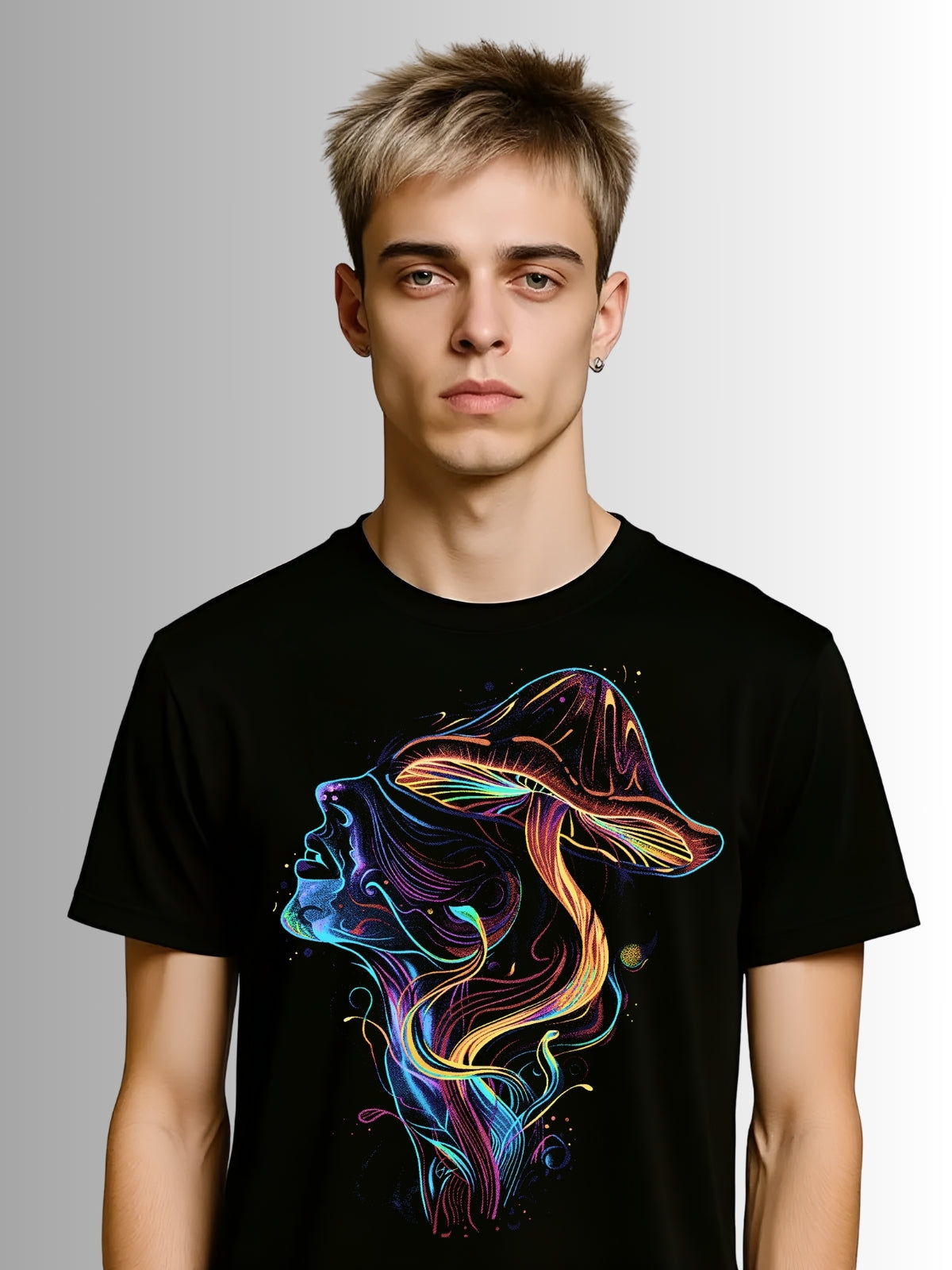 Gothic-inspired black T-shirt with a colorful abstract face and mushroom fusion in bright cosmic hues