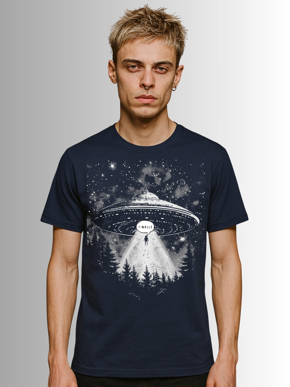 Gothic navy tee with cosmic UFO scene featuring beam of light and shadowed figure silhouette