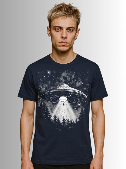 Gothic navy tee with cosmic UFO scene featuring beam of light and shadowed figure silhouette