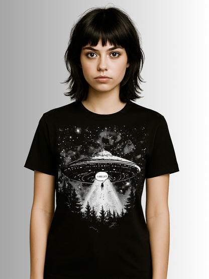 Gothic black tee showcasing extra-terrestrial spacecraft beaming up a silhouette in detailed monochrome design