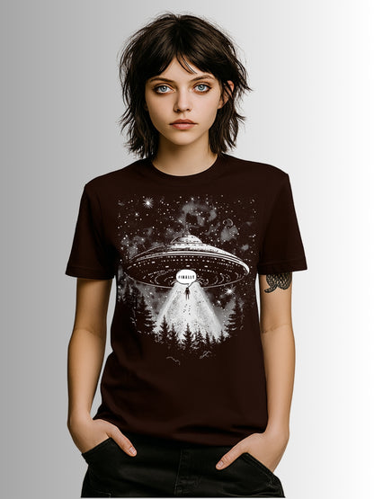 Dark red gothic tee featuring UFO beam and mysterious figure in cosmic sci-fi illustration
