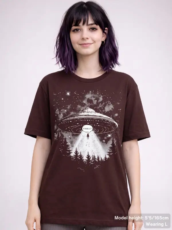 Dark red gothic tee featuring UFO beam and mysterious figure in cosmic sci-fi illustration | Colour: Oxblood Black