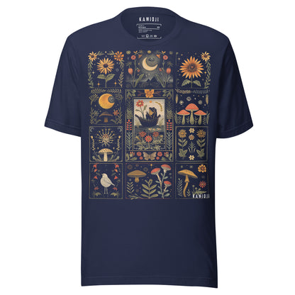 navy Witchy gothic T-shirt decorated with moons, mushrooms, flowers, and esoteric illustrations
