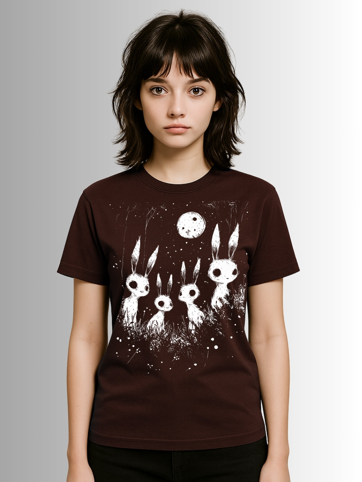 Oxblood black Dark art graphic tee featuring spooky skeletal rabbits and moonlit forest scene