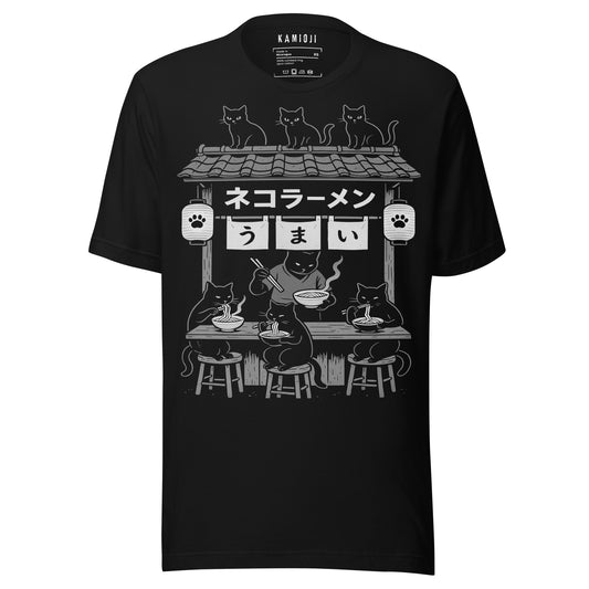 Gothic-style black shirt showcasing cats dining at a ramen bar with lanterns and Japanese text