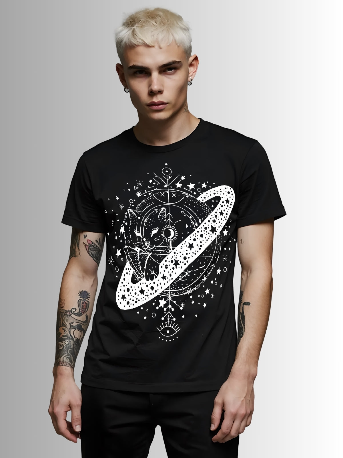 Alternative black T-shirt showcasing mystical cat and planetary rings in celestial geometric pattern