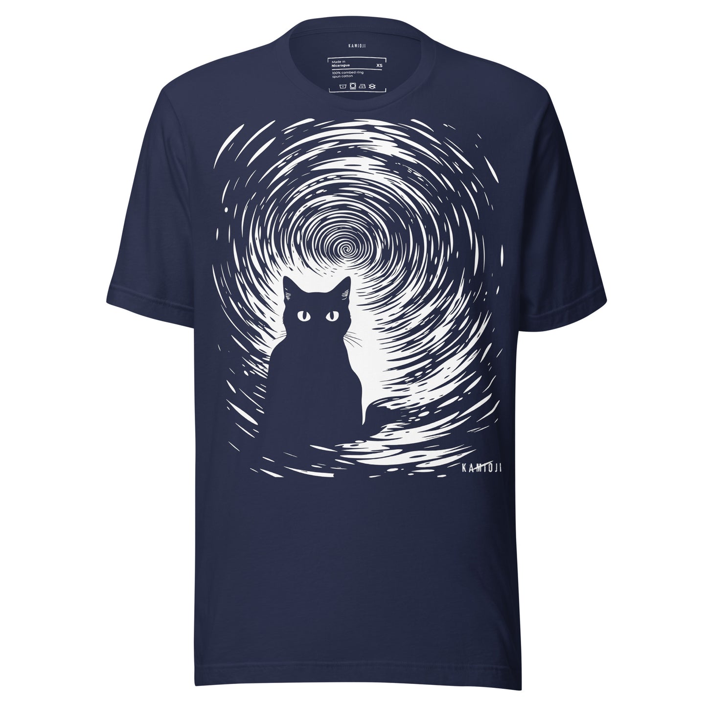 Navy T-shirt with bold cat silhouette inside a hypnotic vortex pattern