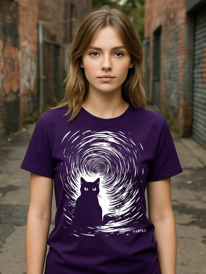 Purple gothic T-shirt with cat silhouette centered in an optical swirl effect