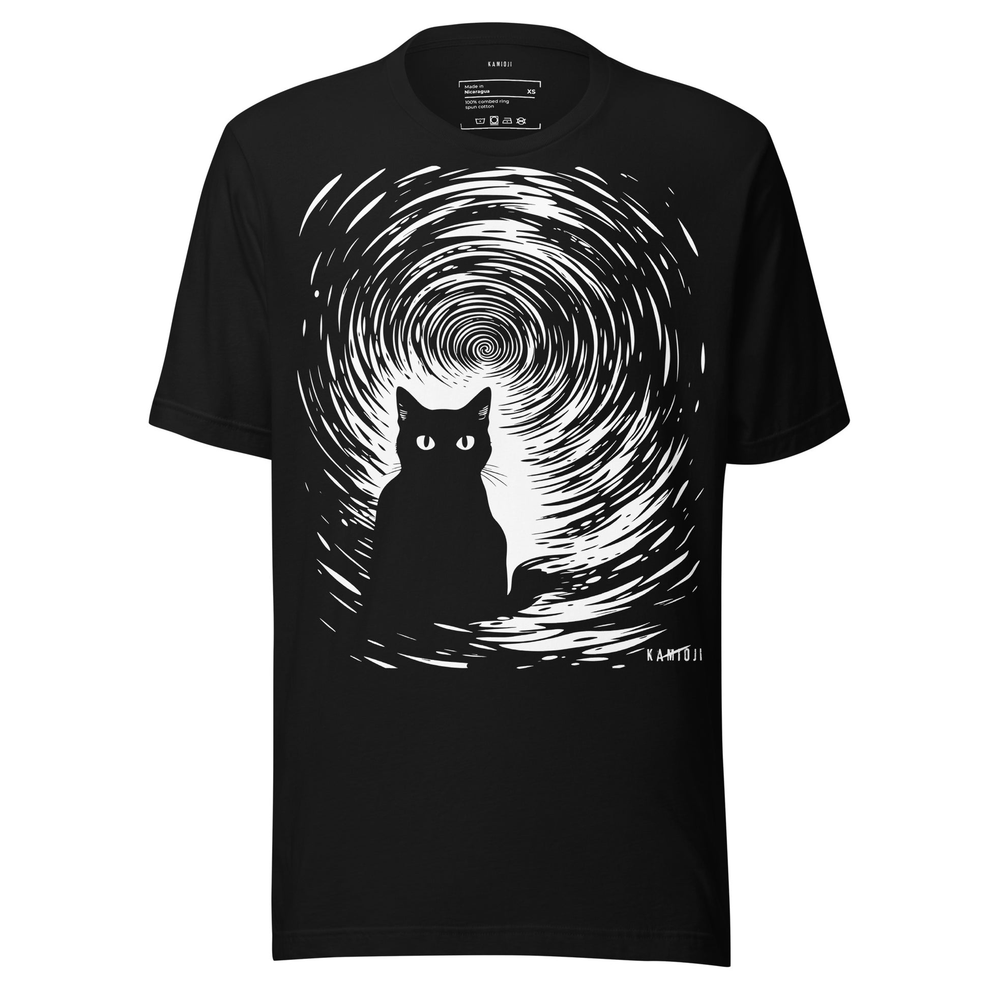 Black T-shirt with a cat silhouette framed by a bold swirling spiral design