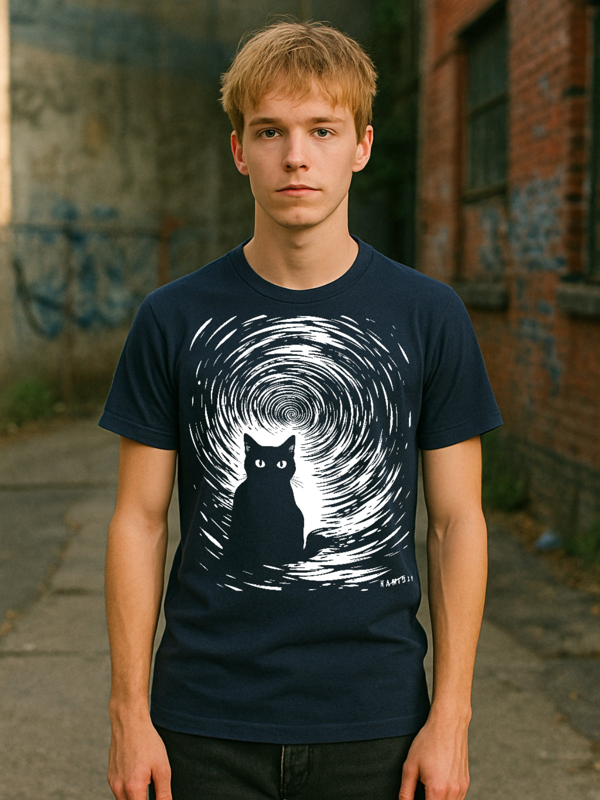 Navy gothic tee showing a cat against swirling spiral illusion design
