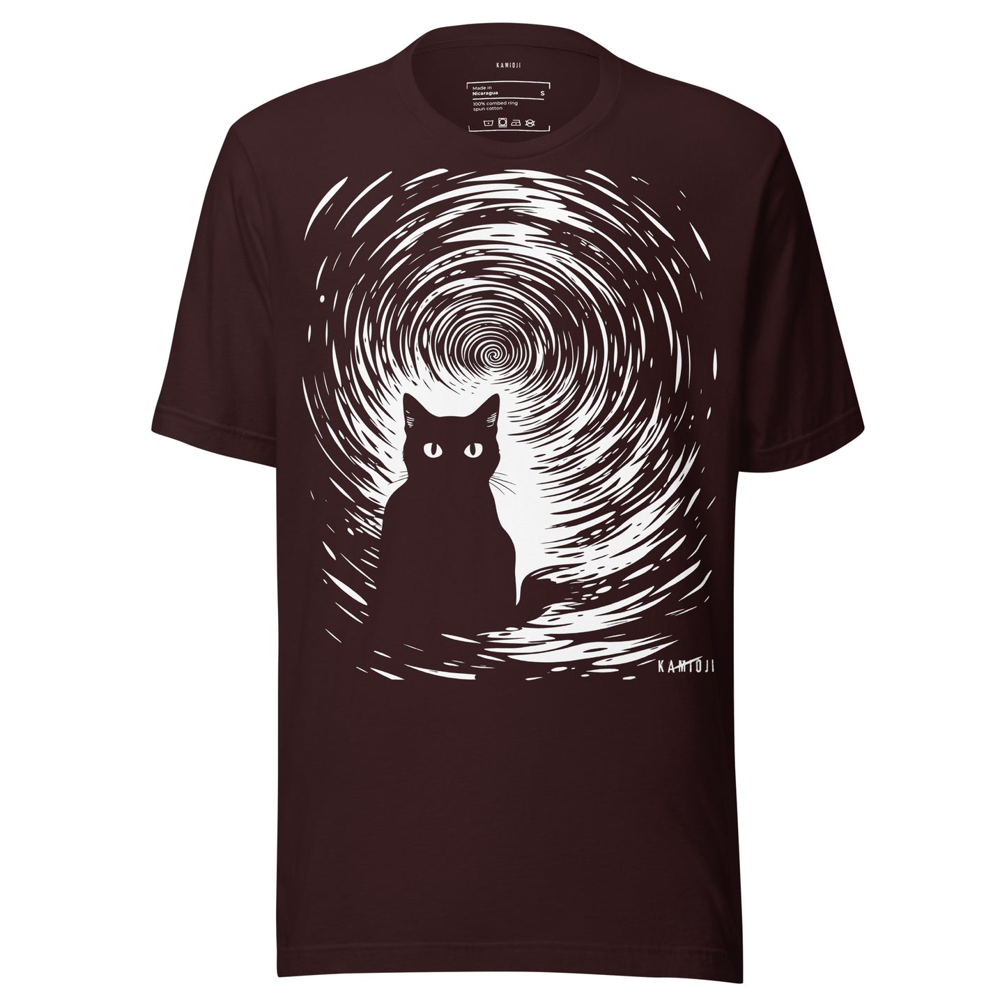Oxblood Black tee with eerie cat silhouette set against a hypnotic vortex