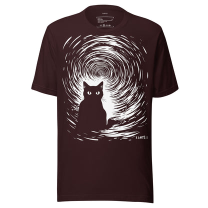 Oxblood Black tee with eerie cat silhouette set against a hypnotic vortex