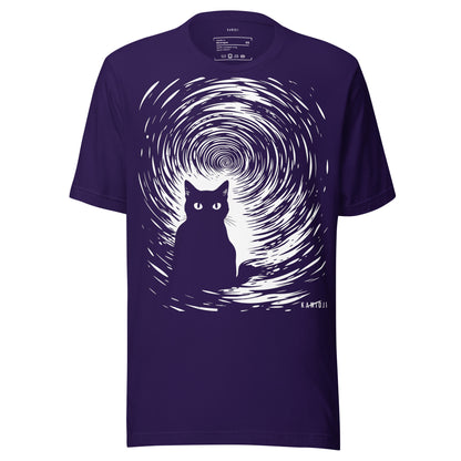 Purple alternative tee featuring haunting cat design over trippy spiral backdrop
