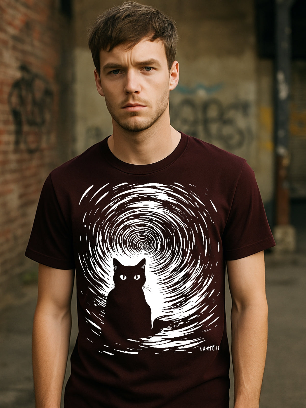 Dark red gothic shirt showcasing cat silhouette layered over spiral artwork