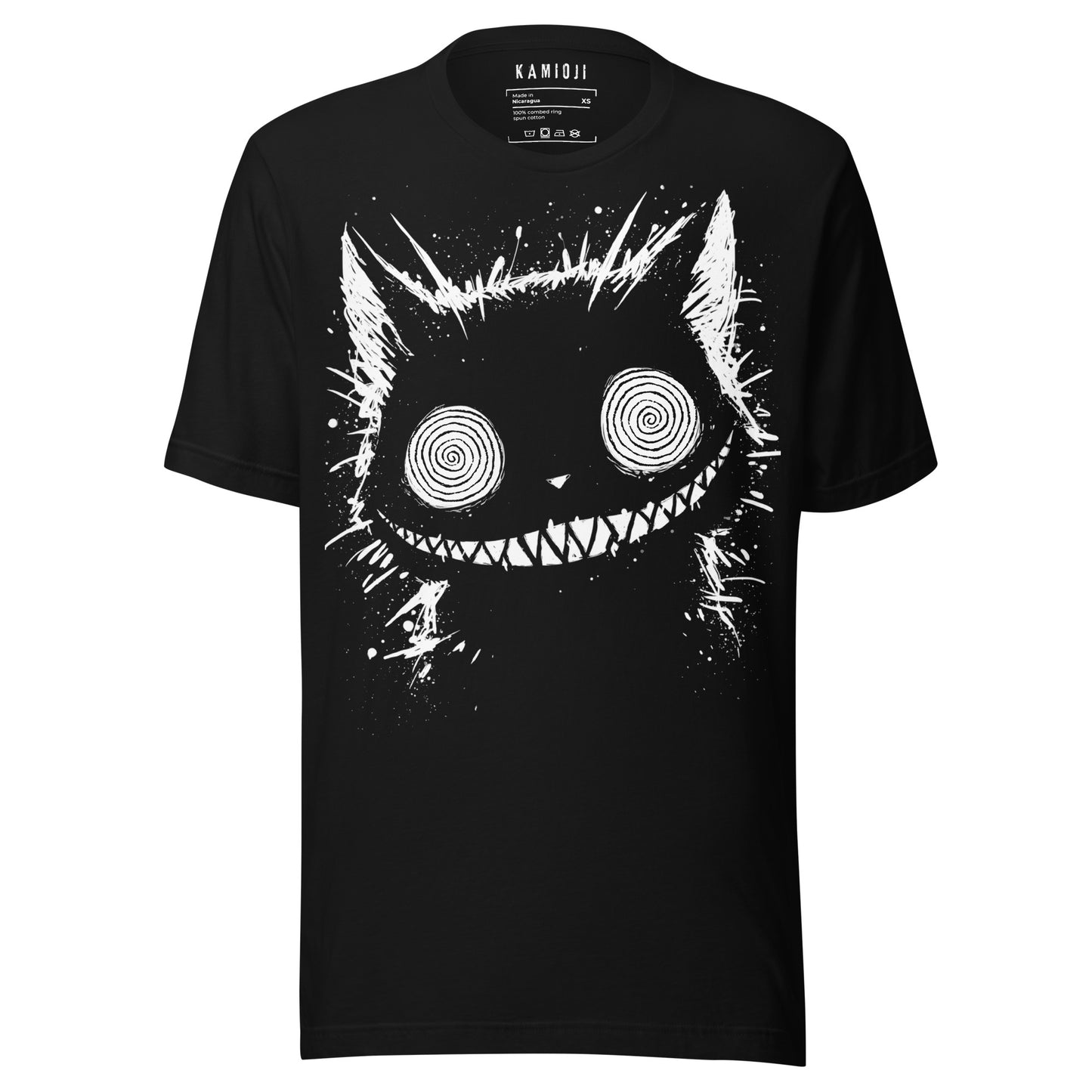 Black T-shirt featuring a creepy Cheshire Cat with spiraled pupils and wide grin in bold white design